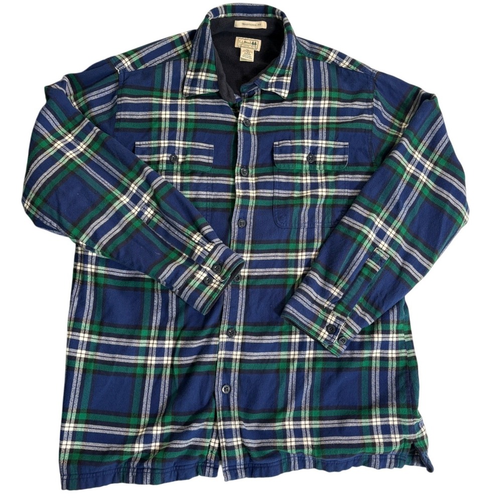 LL Bean Mens Fleece Lined Flannel Shirt Large Blue Green Plaid Traditional Fit